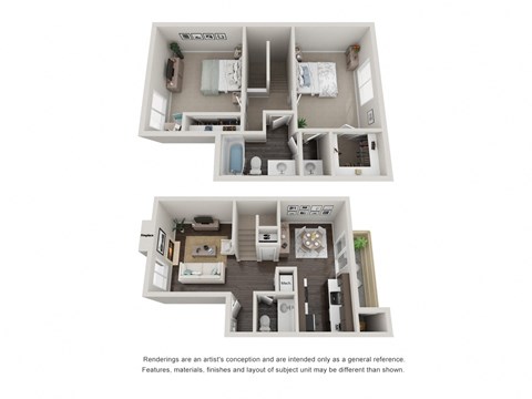 The Eucalyptus 2 bedroom 2 bathroom Town Home Floor Plan with 980 Square Feet at Willow Grove Apartments, Sacramento 